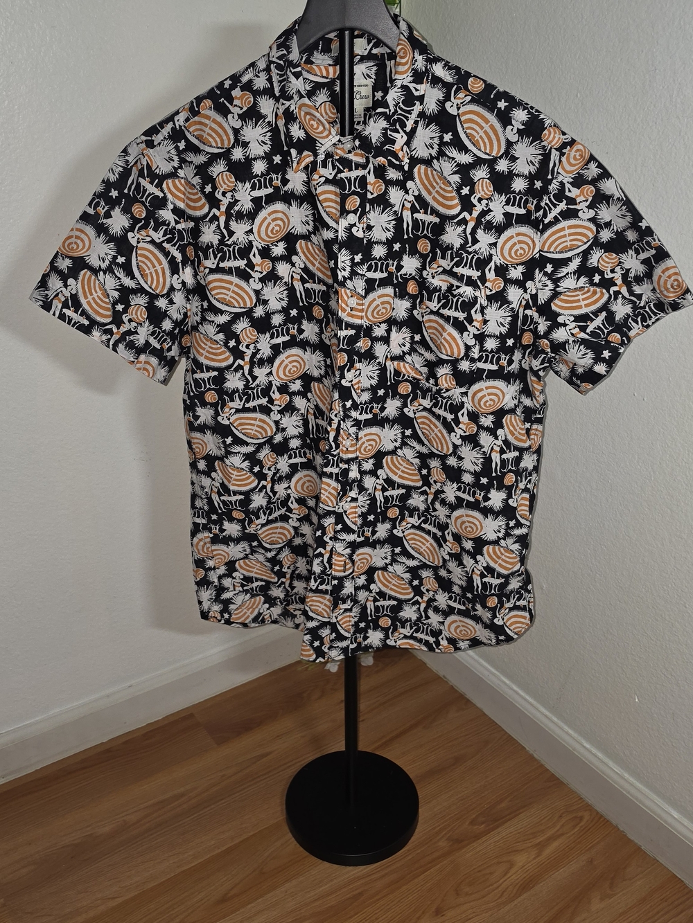 J. Crew Black Short-Sleeve Button-Down with Tan & White Tropical Print